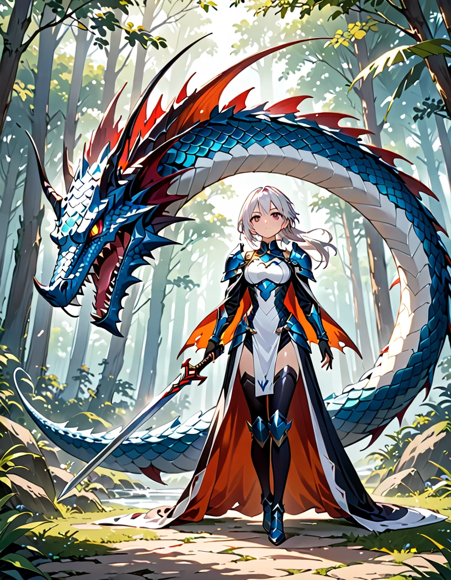 (((masterpiece, best quality, high detailed, 16k))) hzk (1girl) A fierce dragon rider with wild, icy white hair and light blue  red eyes. She wears a suit of dragon-scale armor that shimmers in shades of black and white, and a large sword is strapped to her back. She stands confidently beside her dragon, her hand resting on its massive neck. ((full body view))