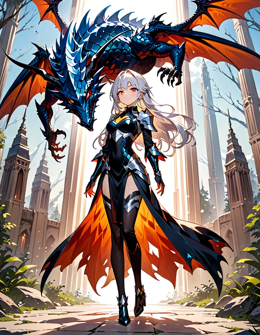 (((masterpiece, best quality, high detailed, 16k))) hzk (1girl) A fierce dragon rider with wild, icy white hair and light blue  red eyes. She wears a suit of dragon-scale armor that shimmers in shades of black and white, and a large sword is strapped to her back. She stands confidently beside her dragon, her hand resting on its massive neck. ((full body view))