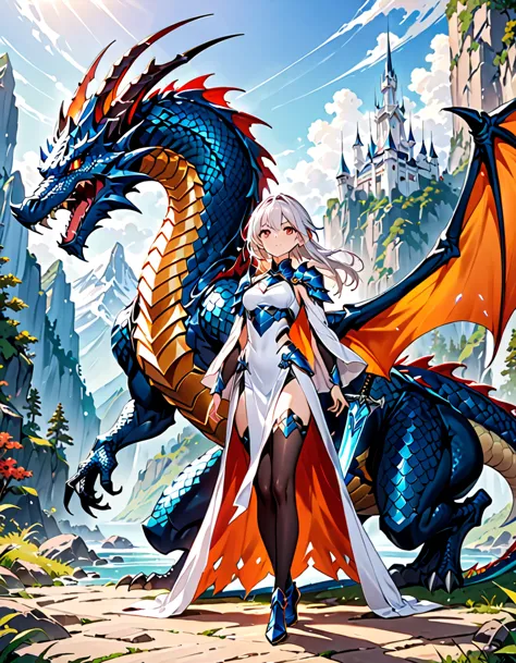 (((masterpiece, best quality, high detailed, 16k))) hzk (1girl) a fierce dragon rider with wild, icy white hair and light blue  ...