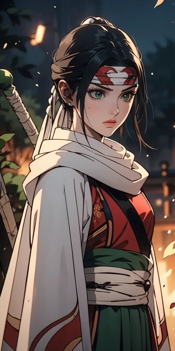 masterpiece, highest quality, 1 girl, Create a dynamic portrait of a young Japanese warrior woman in three-quarter view, facing slightly to the right. Her eyes are closed in deep concentration, eyebrows slightly furrowed. Long, silky black hair is tied high on her head, with a few strands escaping to frame her face. A white headband with a round green gem sits on her forehead. Her pale skin has a soft glow, with a hint of pink on her cheeks and lips. She wears a white kosode (kimono-style top) with wide sleeves and a red hakama (pleated skirt-like pants). A green and yellow obi (sash) is tied around her waist. Dark arm wraps cover her forearms. She grips a katana with both hands, the blade crossing diagonally in front of her body from lower left to upper right. The sword's hilt is ornate, featuring green wrapping and gold accents. The character is in motion, her clothing and hair flowing dramatically. White and red fabric billows behind her, creating sweeping curves that contrast with the straight line of the sword. The background is dark and atmospheric, with hints of orange and red suggesting fire or embers. Sparks or small flames float in the air around her. Lighting is dramatic, with a strong light source from the upper left casting shadows and creating a rim light effect on the character's right side. The overall style should blend traditional Japanese art with modern fantasy illustrations, emphasizing clean lines and a sense of movement and power.
