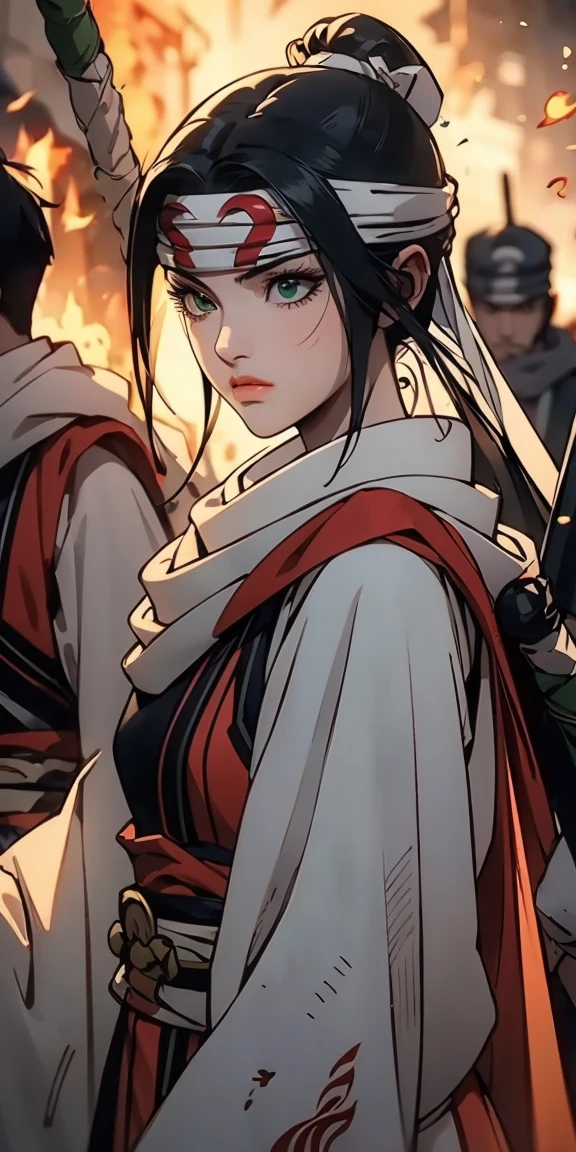 masterpiece, highest quality, 1 girl, closed eyes. Create a dynamic portrait of a young Japanese warrior woman in three-quarter view, facing slightly to the right. Her eyes are closed in deep concentration, eyebrows slightly furrowed. Long, silky black hair is tied high on her head, with a few strands escaping to frame her face. A white headband with a round green gem sits on her forehead. Her pale skin has a soft glow, with a hint of pink on her cheeks and lips. She wears a white kosode (kimono-style top) with wide sleeves and a red hakama (pleated skirt-like pants). A green and yellow obi (sash) is tied around her waist. Dark arm wraps cover her forearms. She grips a katana with both hands, the blade crossing diagonally in front of her body from lower left to upper right. The sword's hilt is ornate, featuring green wrapping and gold accents. The character is in motion, her clothing and hair flowing dramatically. White and red fabric billows behind her, creating sweeping curves that contrast with the straight line of the sword. The background is dark and atmospheric, with hints of orange and red suggesting fire or embers. Sparks or small flames float in the air around her. Lighting is dramatic, with a strong light source from the upper left casting shadows and creating a rim light effect on the character's right side. The overall style should blend traditional Japanese art with modern fantasy illustrations, emphasizing clean lines and a sense of movement and power.
