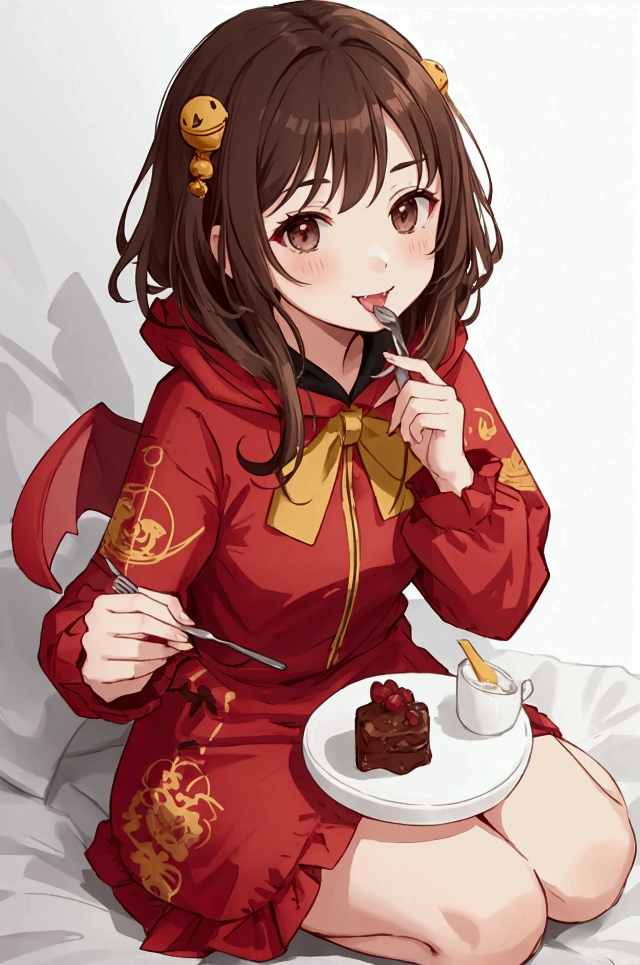 gaogaonichika, 1girl, solo, bangs, brown hair, hood, cosplay, animal costume, brown eyes, fangs, long sleeves,
blush, holding, holding fork, looking at viewer, sitting, smile, solo, tongue, tongue out, bell, grey background, simple background
