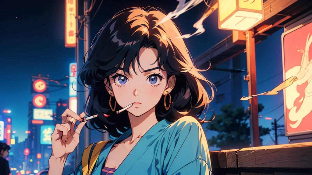 Retro anime girl, Anime atmosphere of the 80s, 80s anime style, Retro Anime Girls, 1980's anime style, Retro anime images, Anime atmosphere, chill at tokyo city, night time, smoking a cigarette, smoking