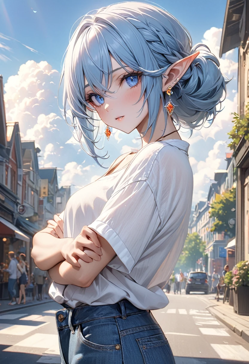 perfect eyes, soft light, high quality, 4k resolution, masterpiece, textured skin, high details, detailed face, detailed eyes, best quality, award winning, super detail, high quality, elf, light blue hair, half updo, pointy ears, crystal earrings, White linen shirt, denim pants, street fashion, casual outfit, cumulonimbus clouds in the background, midsummer sunshine