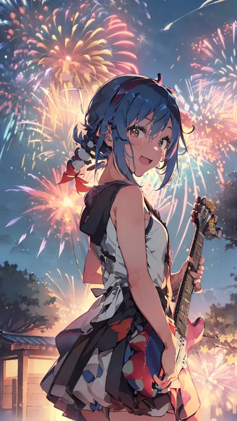 outdoor, (((electric guitar)), (((firework)))masterpiece, highest quality, high resolution, very detailed,(((mikoto naruhana wit...