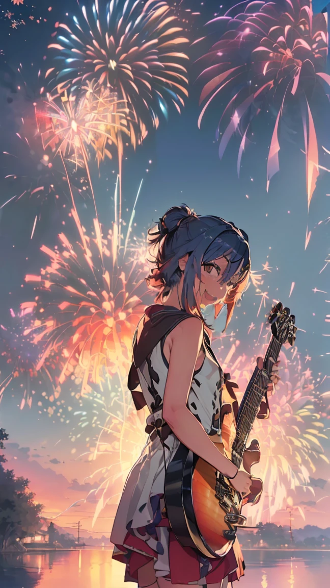 Outdoor, (((Electric guitar)), (((firework)))masterpiece, Highest quality, High resolution, Very detailed,(((Mikoto Naruhana with a guitar))), (((Outdoor)))、(((Laughing out loud。)))、(((Standing in the distance))), (((Facing forward。))), night, (((firework))), (((night空))), (((Electric guitar)))