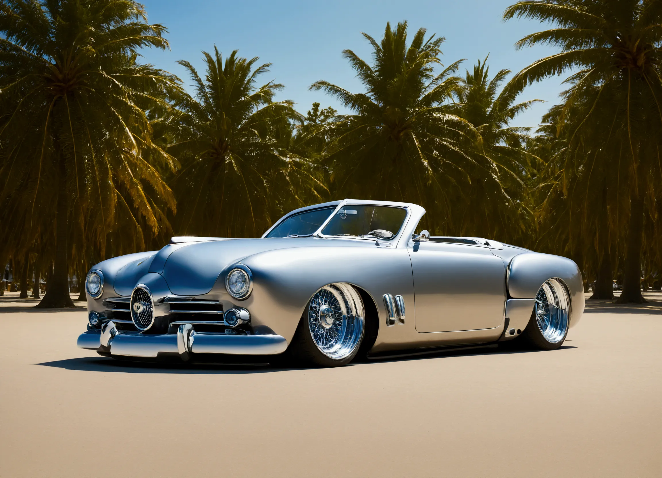 diagonal and distant camera, full image of a 1951 ford mercury stalone cobra convertible hot rod, futuristic style, rounded corn...