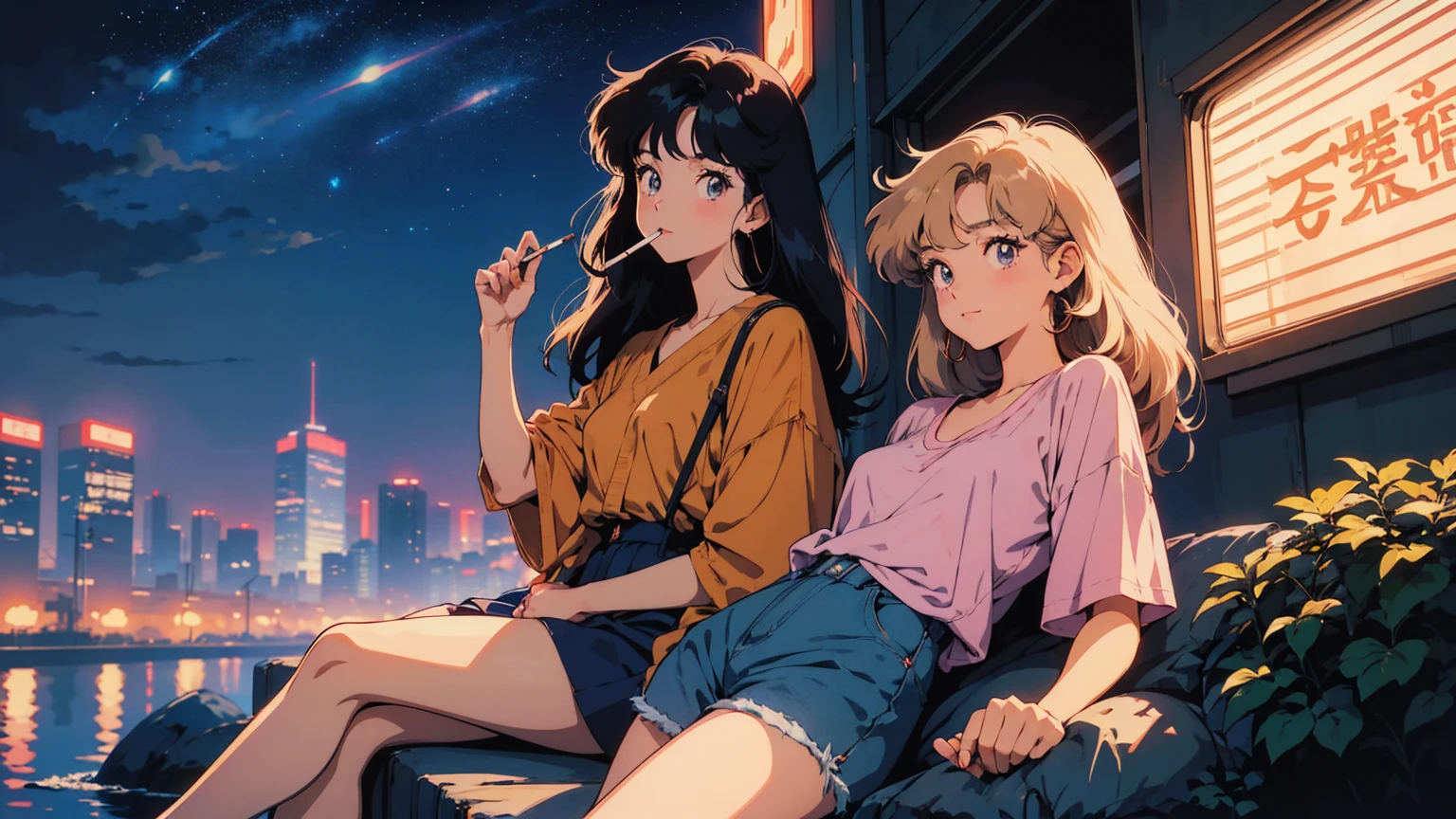 Retro anime girl, Anime atmosphere of the 80s, 80s anime style, Retro Anime Girls, 1980's anime style, Retro anime images, Anime atmosphere, chill at tokyo city, night time, smoking a cigarette, smoking, sexy eyes , smile