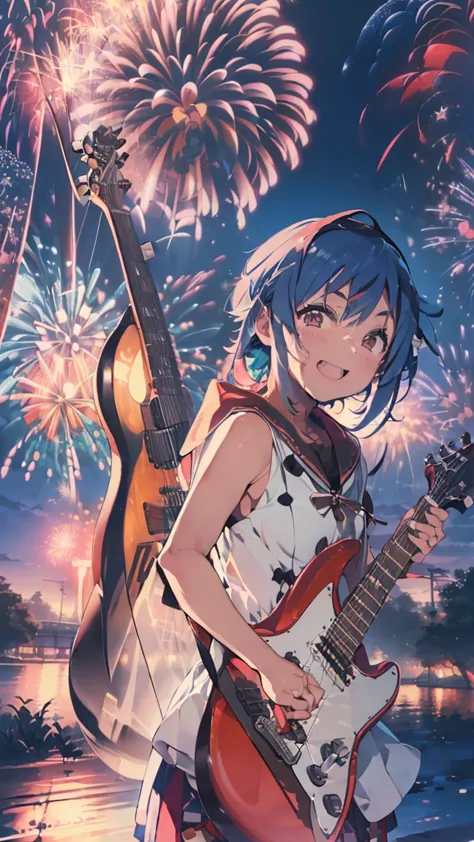 outdoor, (((electric guitar)), (((firework)))masterpiece, highest quality, high resolution, very detailed,(((mikoto naruhana wit...