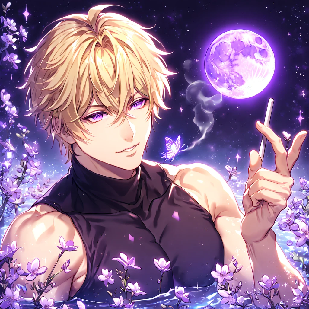 absurdres, highres, ultra detailed, HDR, master piece, best quality, extremely detailed, Genjou Sanzo, blonde hair, expressive purple eyes, Saiyuki Reload, solo, sexy man, handsome, sensual, manly man, manly face, black tight turtleneck shirt, sleeveless, smoking, fantasy, magical, shining, purple flowers, blossoms, water, purple petals, purple butterflies, sparkling, purple moon, starry sky