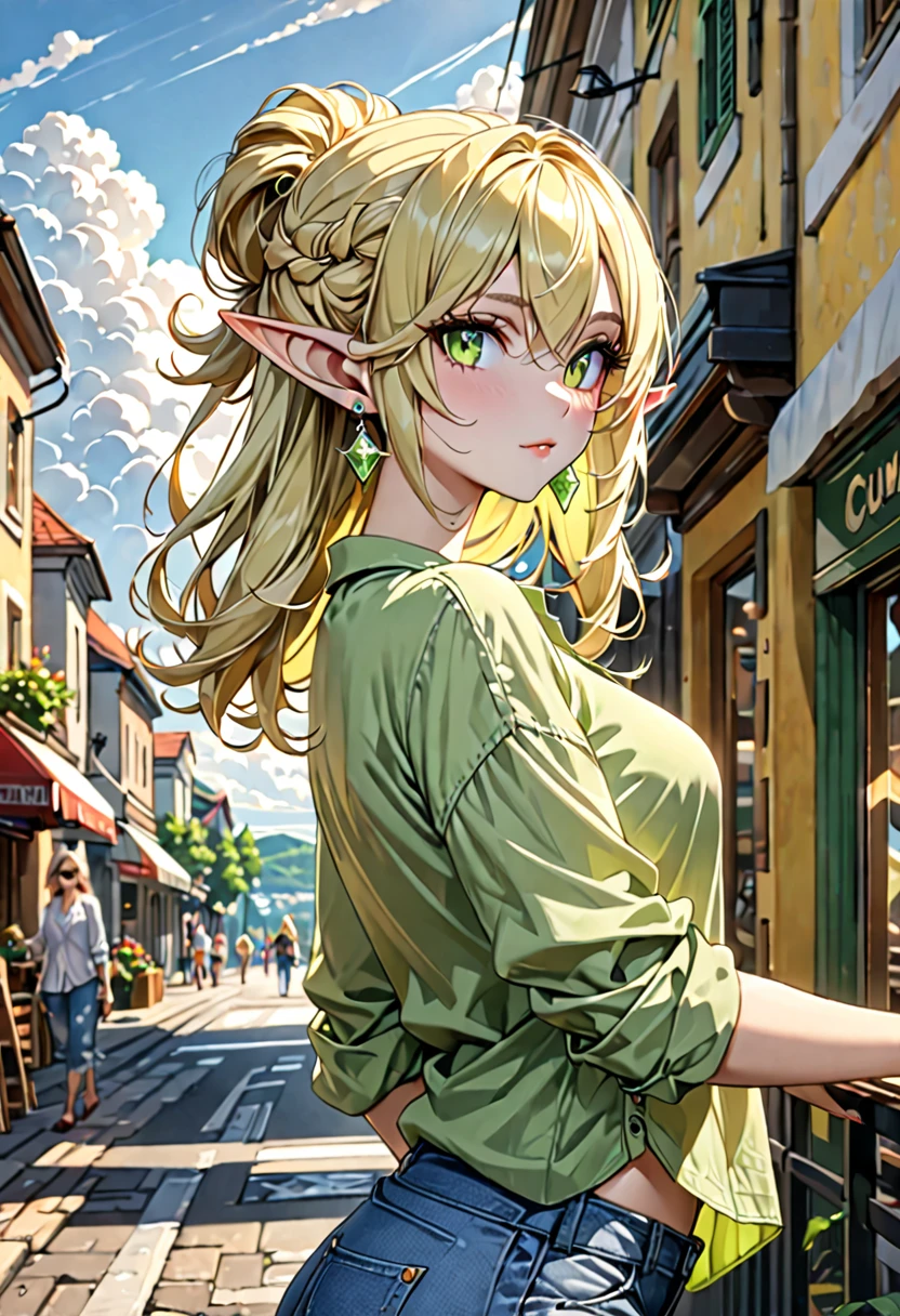 perfect eyes, soft light, high quality, 4k resolution, masterpiece, textured skin, high details, detailed face, detailed eyes, best quality, award winning, super detail, high quality, elf, light yellow hair, half updo, pointy ears, crystal earrings, lime green linen shirt, Roll up the sleeves of her long-sleeved shirt, denim pants, street fashion, casual outfit, cumulonimbus clouds in the background, midsummer sunshine