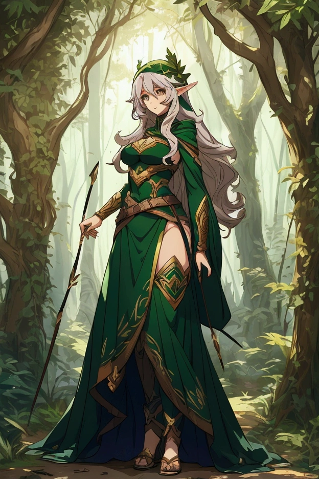 full body illustration of a female league of legends archer elf in a forest, anime style, masterpice illustration, perfect proportions