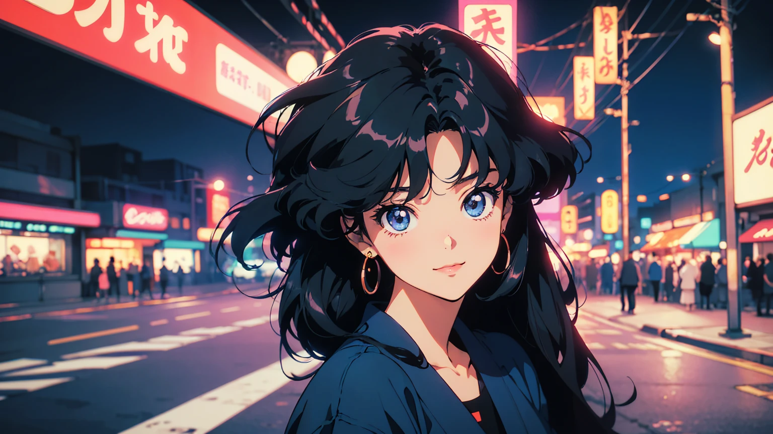 1 Retro anime pretty girl, Anime atmosphere of the 80s, 80s anime style, Retro Anime Girls, 1980's anime style, Retro anime images, Anime atmosphere, chill, sexy eyes , smile, black cat, folk car, blur tokyo city with peaples background, night time