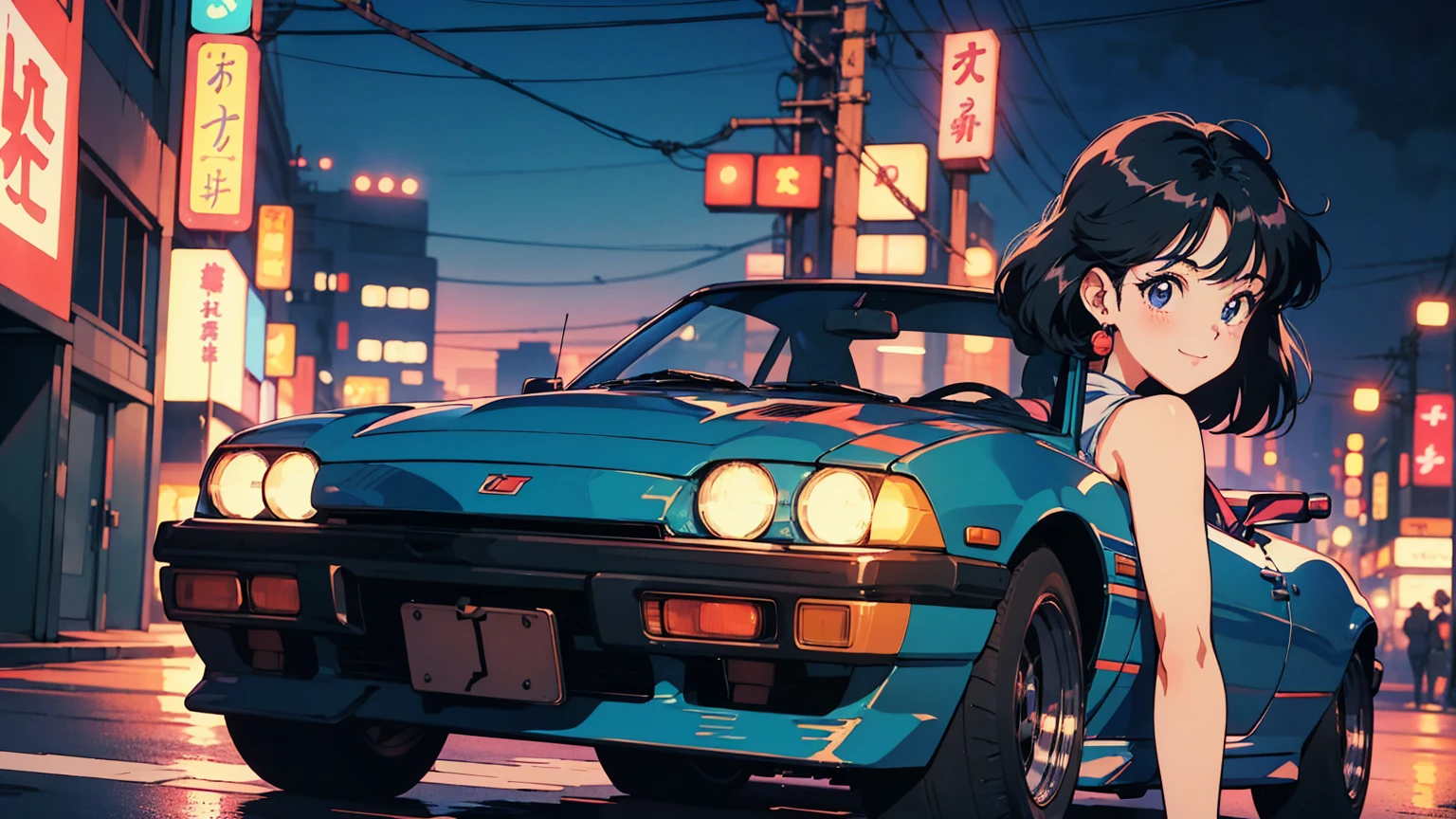 1 Retro anime pretty girl, Anime atmosphere of the 80s, 80s anime style, Retro Anime Girls, 1980's anime style, Retro anime images, Anime atmosphere, chill, sexy eyes , smile, black cat, folk car, blur tokyo city with peaples background, night time