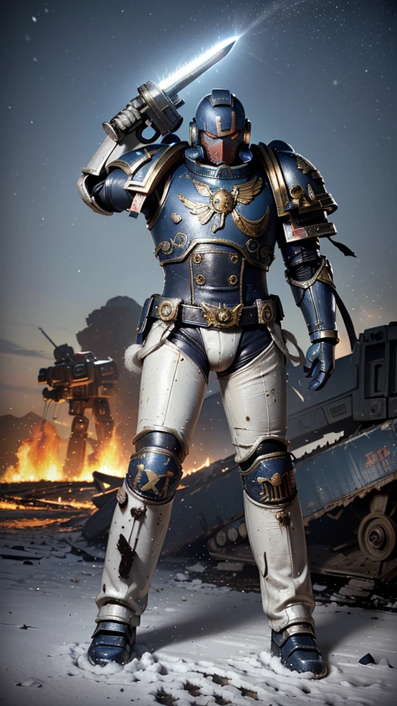 A light-blue and white space marine troop, in an ice plain, during a snowstorm, ((light-blue and white armor, St99rong suit , dramatic light, space marine, light blue armor, fighting pose, snowstorm, snow mountains in the background, a dreadnout in the background, space marine mask, chainsaw sword, strong man, masterpiece, space marine,(Epic armor, metal reflections), hdr, best quality, uhd, 8k resolution, best light, realistic, detailed background, detailed face, detailed hands, full body, (city ruins)(open field surrounded by fire), (alien planet), (spaceships flying in the sky) (white armor highlights) high detailed mask, Warhammer Adeptus, Adeptus Masck