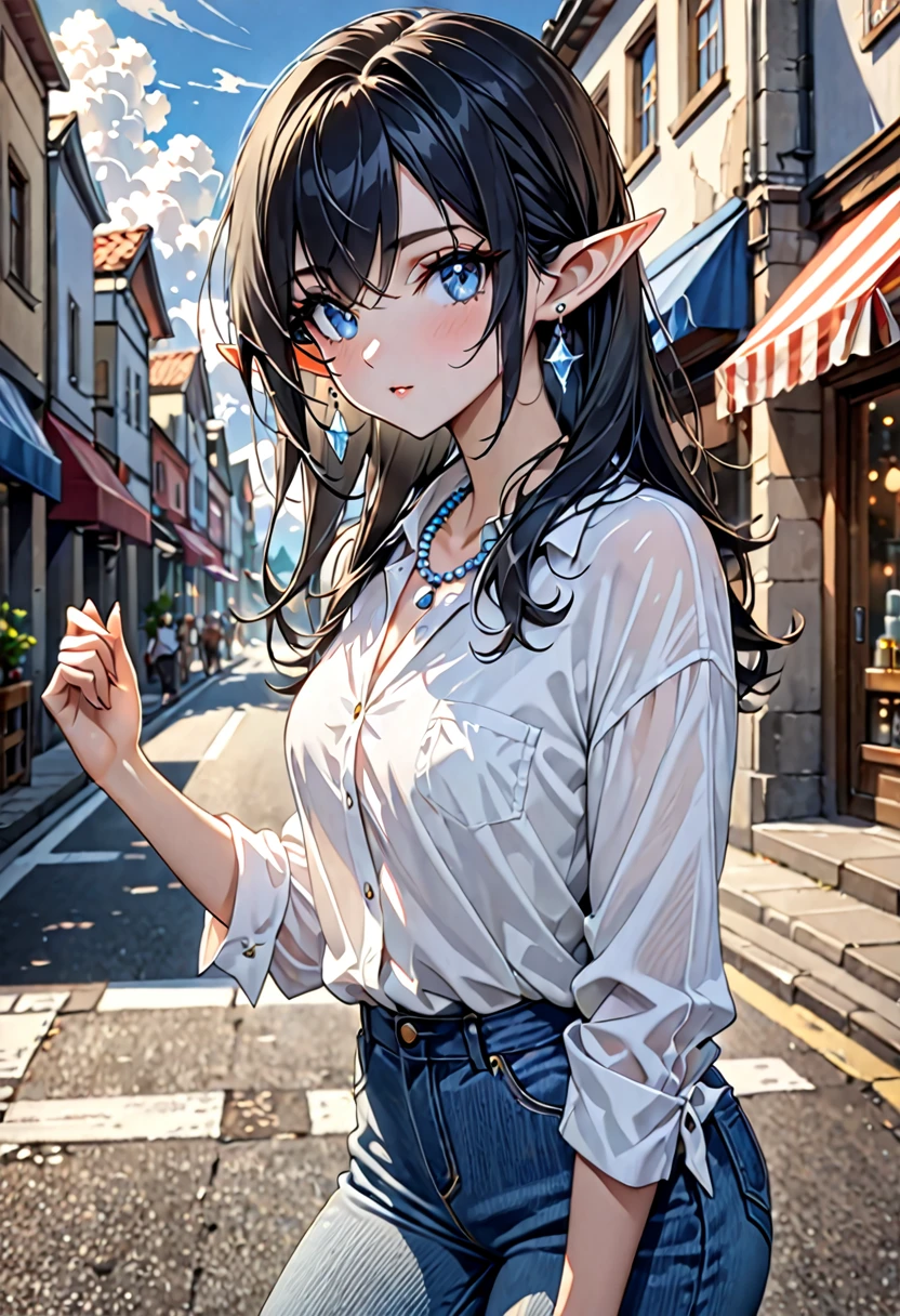 perfect eyes, soft light, high quality, 4k resolution, masterpiece, textured skin, high details, detailed face, detailed eyes, best quality, award winning, super detail, high quality, elf, black hair, pointy ears, crystal earrings, White linen shirt, Roll up the sleeves of her long-sleeved shirt, denim pants, street fashion, casual outfit, cumulonimbus clouds in the background, midsummer sunshine, ribbon, bead necklace