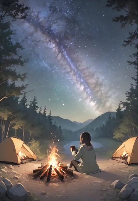 high definition、８ｋ、night forest、milky way、starry sky、camp out、bonfire、make coffee、drink coffee、view from afar