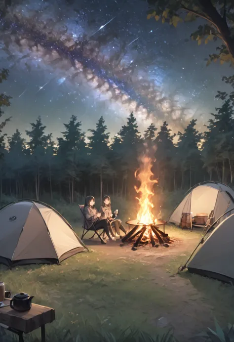 high definition、８ｋ、night forest、milky way、starry sky、camp out、bonfire、make coffee、drink coffee、view from afar