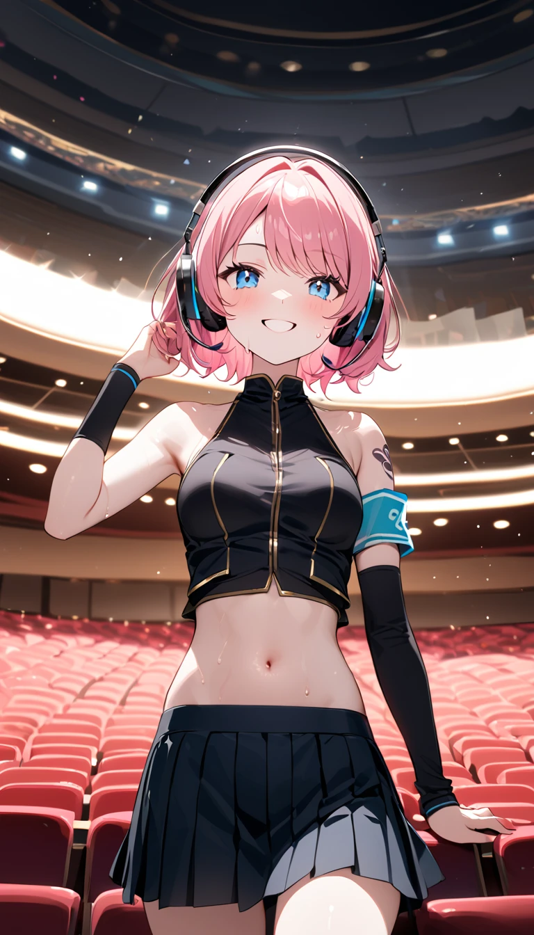 (1 girl),(Best Picture Quality, 8K, Masterpiece:1.3), (high school student:1.5), ((pink lob hair:1.1)), (flipped hair),(swept bangs), (cute eyes, pupil black, iris skyblue, youthful face), (mole under right eye), (standard weight), (small breasts), (glistening skin:1.3),(pale skin:1.2),(sweaty skin:1.2),(Smile),BREAK arm warmers, armband, bare shoulders, black shirt, black skirt, crop top, midriff, navel, shirt, shoulder tattoo, single arm warmer, skirt, tattoo, headphones, BREAK concert hall, 