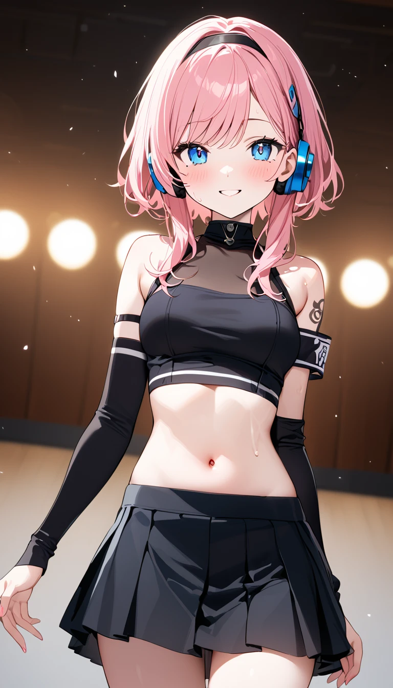 (1 girl),(Best Picture Quality, 8K, Masterpiece:1.3), (high school student:1.5), ((pink lob hair:1.1)), (flipped hair),(swept bangs), (cute eyes, pupil black, iris skyblue, youthful face), (mole under right eye), (standard weight), (small breasts), (glistening skin:1.3),(pale skin:1.2),(sweaty skin:1.2),(Smile),BREAK arm warmers, armband, bare shoulders, black shirt, black skirt, crop top, midriff, navel, shirt, shoulder tattoo, single arm warmer, skirt, tattoo, headphones, BREAK concert hall, 