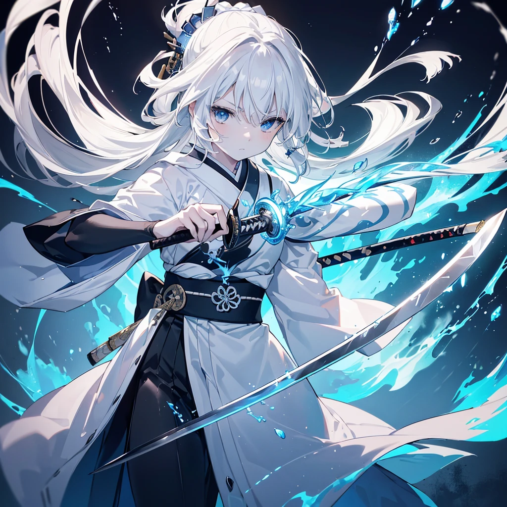 One woman,Very white skin,Transparent((have,Long sword,Japanese sword,Two,Blue Flame,Reflection of light))Close-up Background((Center Part,Black and White,1：1)) Dual-wielding samurai,Focus,He has the dignity of a general.,overwhelm,ambition