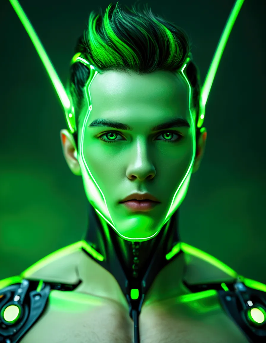 highly detailed, 4k, high-contrast photograph of a young man with intricate cybernetic enhancements, pale skin, and a stern expr...