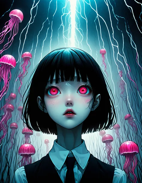 surreal horror, anime style, directed by junji ito, high contrast, vivid colors, eerie atmosphere, psychological tension, intric...