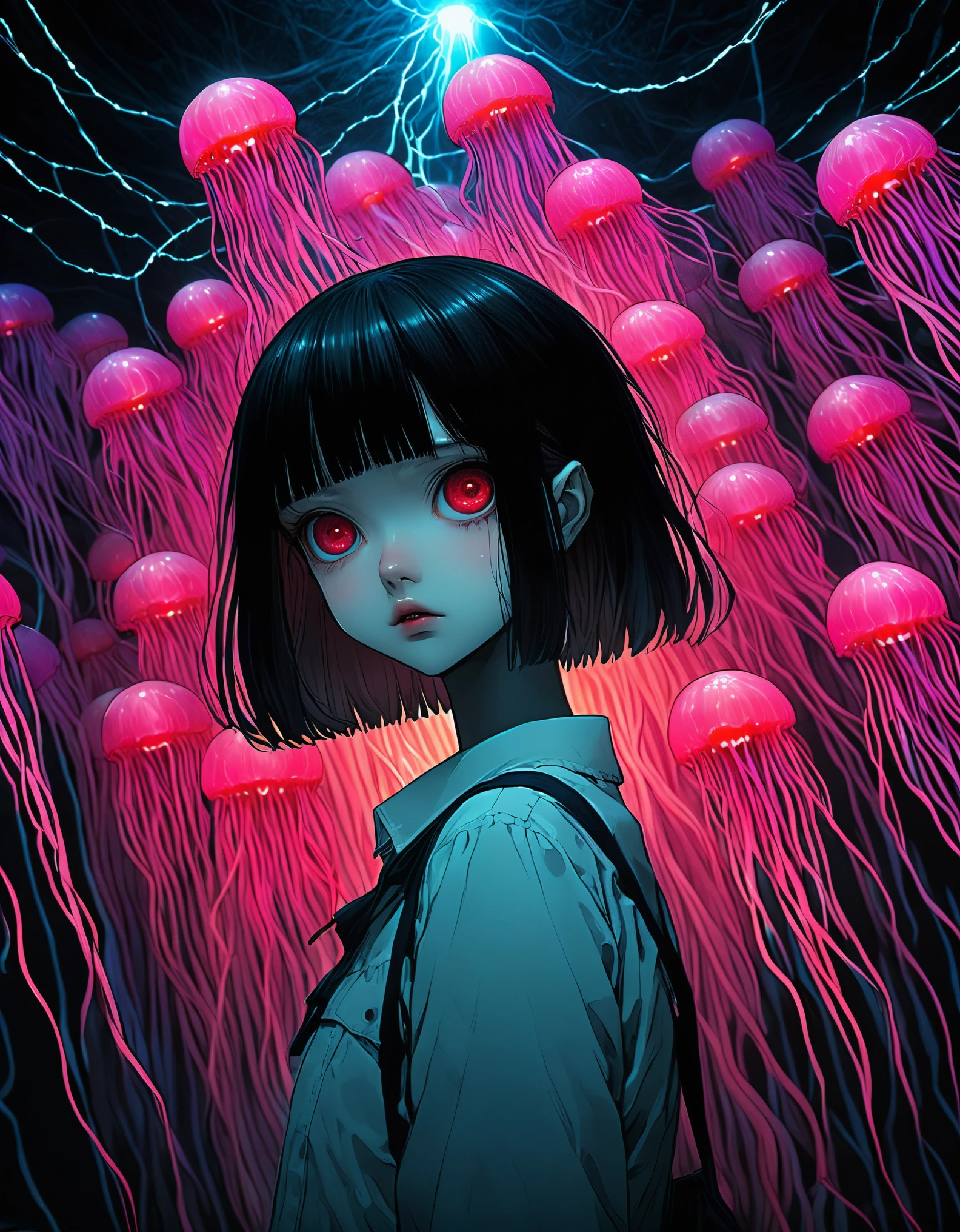 surreal horror, anime style, directed by Junji Ito, high contrast, vivid colors, eerie atmosphere, psychological tension, intricate line work, decapitated heads,electric jellyfish