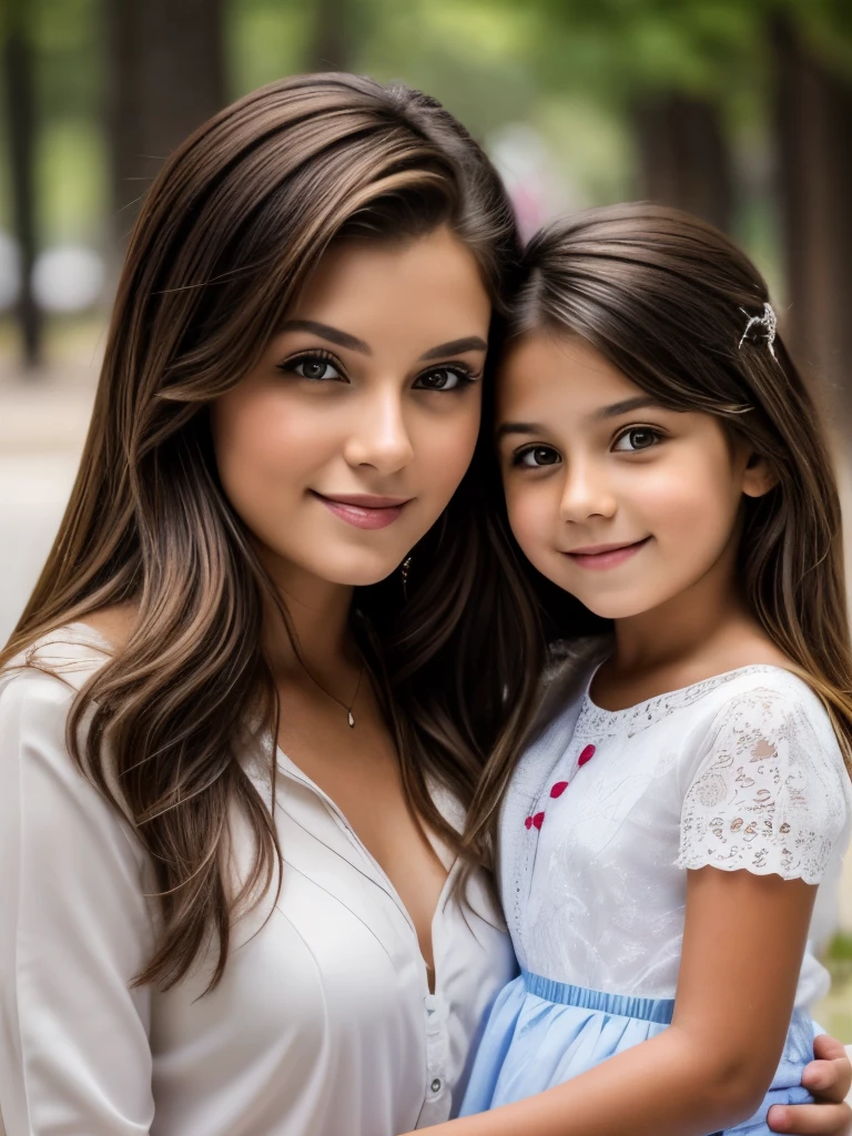 (Better image quality) A beautiful 23-year-old woman with a 6-year-old girl with brown hair and brown eyes ;very atractive. 