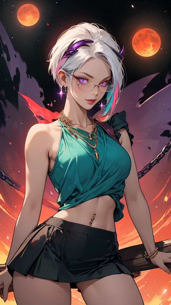 8k, masterpiece, best quality, highly detailed, 1 girl, tiefling, warlock, pixie cut, multicolored hair, very short straight hair red highlight hair on white hair, strippled hair, wearing glasses, round glasses, earrings, navel piercing, red eyeshadow, long eyelashes, blushed cheek, red lips, pearl necklace, rings, collarbone, mole on face, glamorous, teal and purple clothes, sleeveless, miniskirt, smirk, close up view, rings, looking at viewer, demon horns, solo, milky way, starry sky, blood red moon, standing, chains on the background.