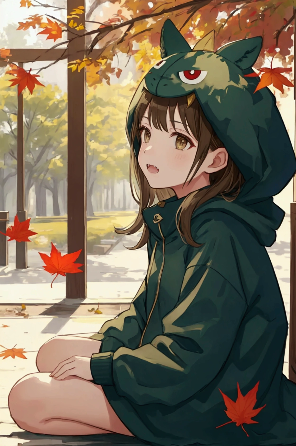 gaogaonichika, 1girl, solo, bangs, brown hair, hood, cosplay, animal costume, brown eyes, fangs,
on ground, sitting, solo, blurry, blurry background, bokeh, day, depth of field, falling leaves, from side, leaf, maple leaf, outdoors, signature, sunlight, upper body
