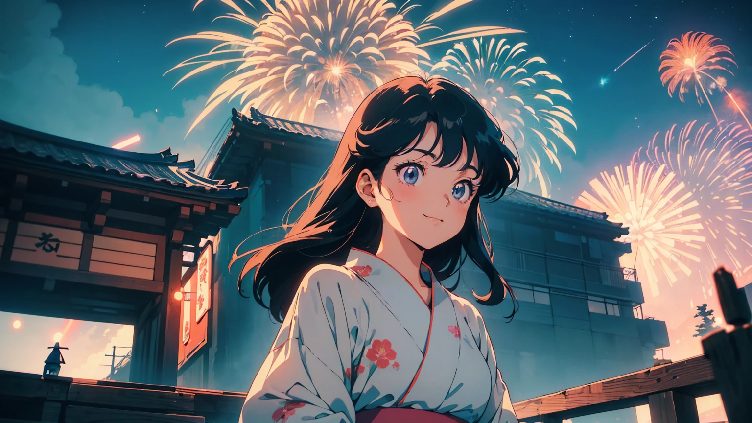 (((from below, upper body))), 1 Retro anime pretty girl, Anime atmosphere of the 80s, 80s anime style, Retro Anime Girls, 1980's anime style, Retro anime images, Anime atmosphere, chill, sexy eyes , smile, yukata dress, firework in sky and tokyo city background, beautiful night sky fullfill with firework