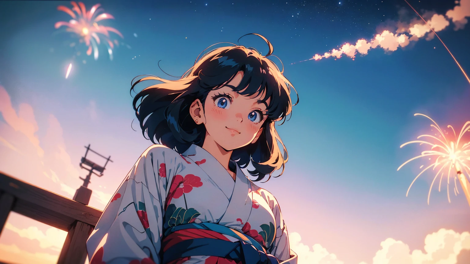 (((from below, upper body))), 1 Retro anime pretty girl, Anime atmosphere of the 80s, 80s anime style, Retro Anime Girls, 1980's anime style, Retro anime images, Anime atmosphere, chill, sexy eyes , smile, yukata dress, firework in sky and tokyo city background, beautiful night sky fullfill with firework