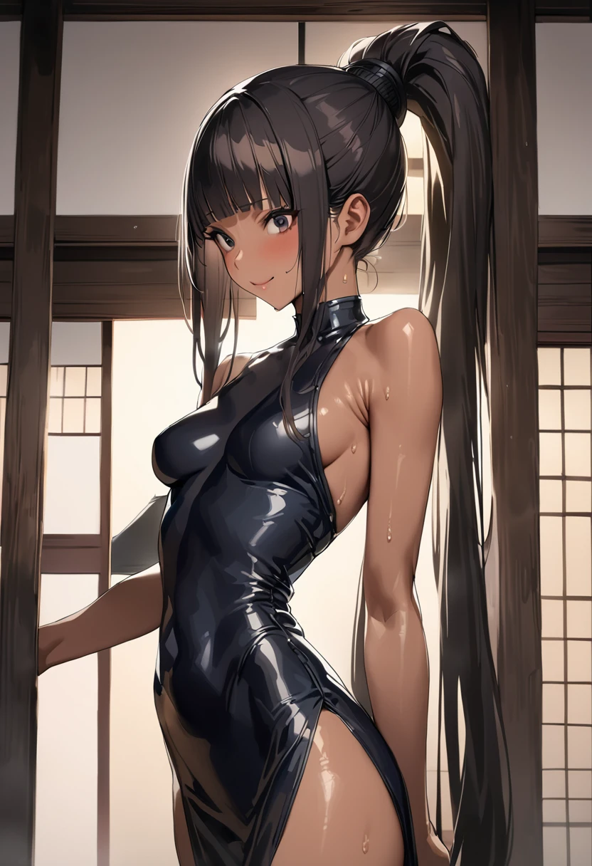 ((masterpiece,best quality anime,Highest quality:1.3)),realistic,cowboy shot,(25 year old beauty),Female Ninja,1woman,独奏,((very small head:1.4)),((very long body:1.3)),black hair,bangs,long ponytail hair,gorgeous big eyes,black eyes,smile,(tan skin),Black kimono、Black mini skirt,((slender body:1.3,skinny)),medium breasts,gleaming skin,shiny skin,sweat,standing,Japanese-style house、Japan in the Edo Period、