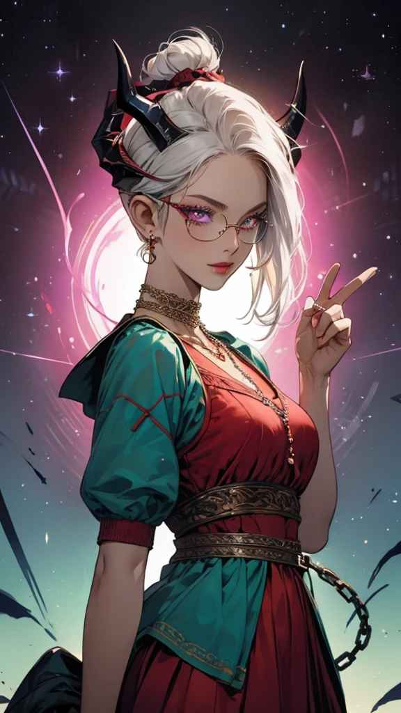 8k, masterpiece, best quality, highly detailed, 1 girl, tiefling, warlock, pixie cut, multicolored hair, very short straight hair red highlight hair on white hair, strippled hair, wearing glasses, round glasses, earrings, navel piercing, red eyeshadow, long eyelashes, blushed cheek, red lips, pearl necklace, rings, collarbone, mole on face, glamorous, teal and purple clothes, sleeveless, miniskirt, smirk, close up view, rings, looking at viewer, demon horns, solo, milky way, starry sky, blood red moon, standing, chains on the background.