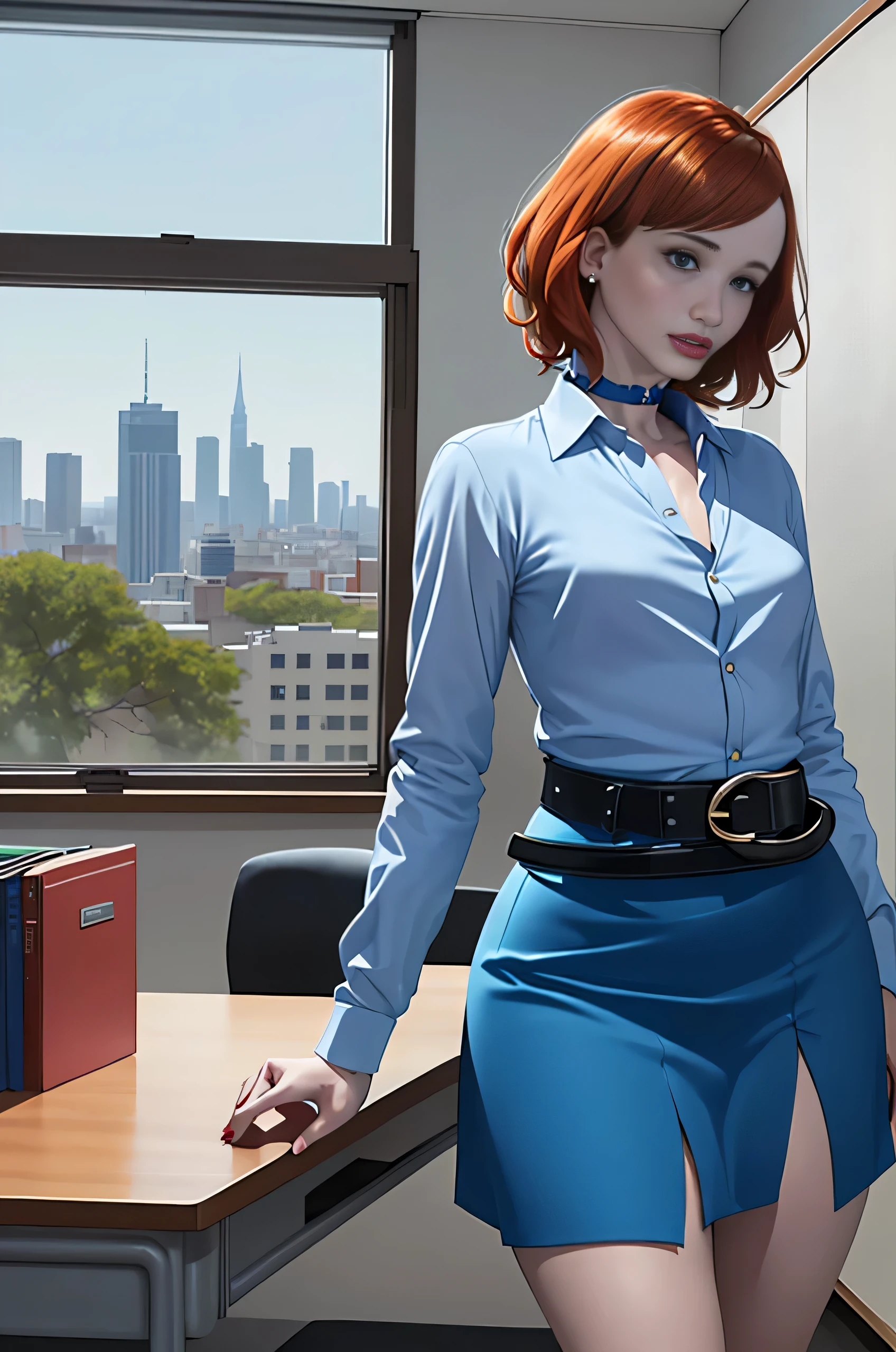 Christina Hendricks, (Christina Hendricks:1.5), masterpiece quality, (masterpiece quality:1.3), detailed, realistic, (realistic:1.3), 1girl, solo, (solo:1.9), alone, in a 1960s office, office desks in background, window of cityscape in background, short hair, wearing choker collar, secretary, wearing blue blouse, (blue blouse:1.9), wearing blue skirt, (blue skirt:1.5), wearing red belt, (red belt:1.5), thin body, small breasts, (small breasts:1.5), 