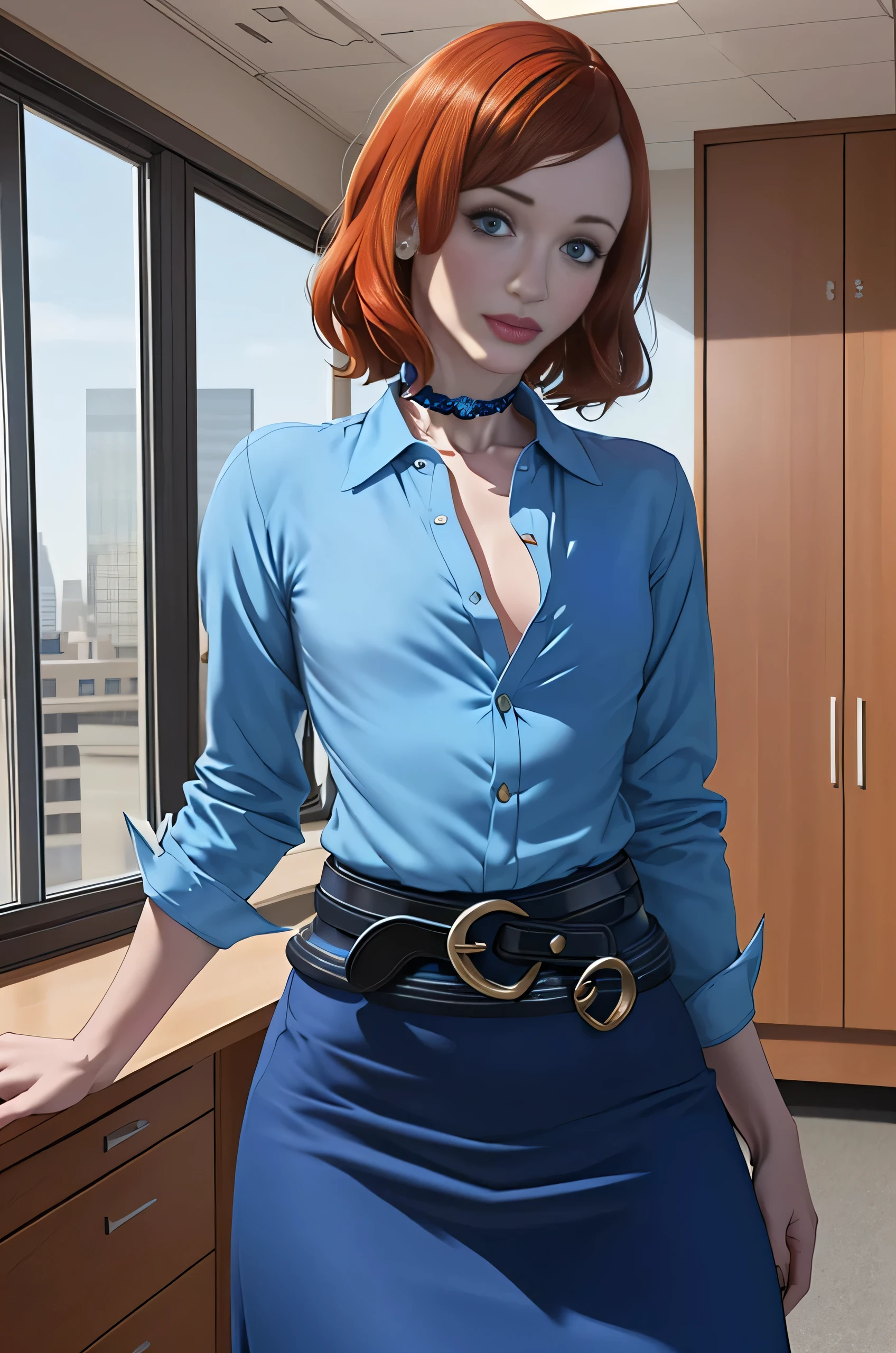 Christina Hendricks, (Christina Hendricks:1.5), masterpiece quality, (masterpiece quality:1.3), detailed, realistic, (realistic:1.3), 1girl, solo, (solo:1.9), alone, in a 1960s office, office desks in background, window of cityscape in background, short hair, wearing choker collar, secretary, wearing blue blouse, (blue blouse:1.9), wearing blue skirt, (blue skirt:1.5), wearing red belt, (red belt:1.5), thin body, small breasts, (small breasts:1.5), 