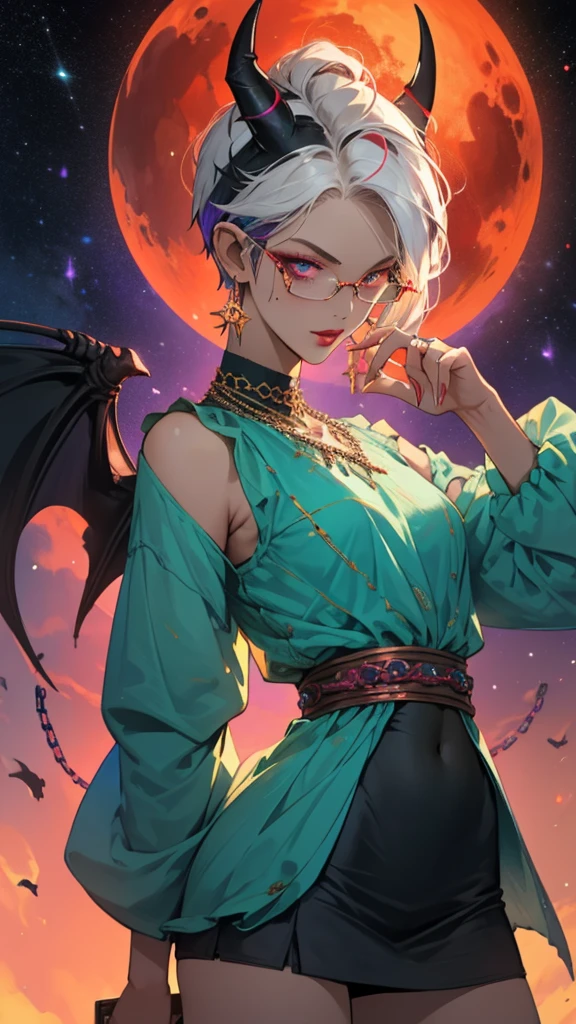 8k, masterpiece, best quality, highly detailed, 1 girl, tiefling, warlock, pixie cut, multicolored hair, very short straight hair red highlight hair on white hair, strippled hair, wearing glasses, round glasses, earrings, navel piercing, red eyeshadow, long eyelashes, blushed cheek, red lips, pearl necklace, rings, collarbone, mole on face, glamorous, teal and purple clothes, sleeveless, miniskirt, smirk, holding chain, close up view, rings, looking at viewer, demon horns, solo, milky way, starry sky, blood red moon, standing, chains on the background.