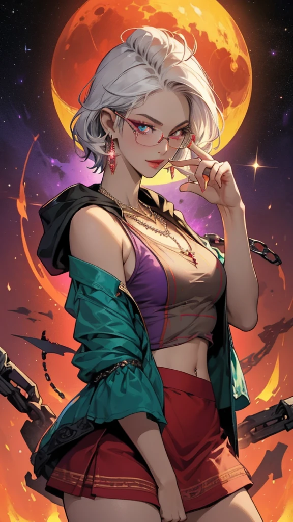 8k, masterpiece, best quality, highly detailed, 1 girl, tiefling, warlock, pixie cut, multicolored hair, very short straight hair red highlight hair on white hair, strippled hair, wearing glasses, round glasses, earrings, navel piercing, red eyeshadow, long eyelashes, blushed cheek, red lips, pearl necklace, rings, collarbone, mole on face, glamorous, teal and purple clothes, sleeveless, miniskirt, smirk, holding chain, close up view, rings, looking at viewer, demon horns, solo, milky way, starry sky, blood red moon, standing, chains on the background.