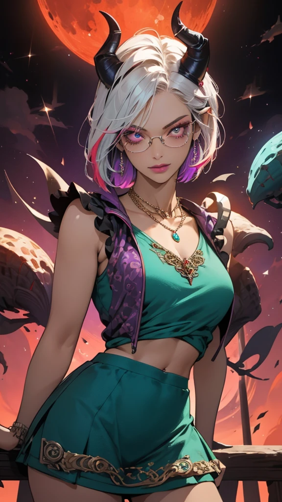 8k, masterpiece, best quality, highly detailed, 1 girl, tiefling, warlock, pixie cut, multicolored hair, very short straight hair red highlight hair on white hair, strippled hair, wearing glasses, round glasses, earrings, navel piercing, red eyeshadow, long eyelashes, blushed cheek, red lips, pearl necklace, rings, collarbone, mole on face, glamorous, teal and purple clothes, sleeveless, miniskirt, smirk, holding chain, close up view, rings, looking at viewer, demon horns, solo, milky way, starry sky, blood red moon, standing, chains on the background.