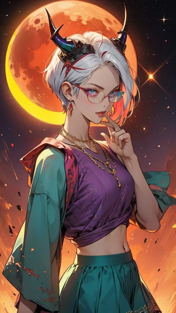 8k, masterpiece, best quality, highly detailed, 1 girl, tiefling, warlock, pixie cut, multicolored hair, very short straight hair red highlight hair on white hair, strippled hair, wearing glasses, round glasses, earrings, navel piercing, red eyeshadow, long eyelashes, blushed cheek, red lips, pearl necklace, rings, collarbone, mole on face, glamorous, teal and purple clothes, sleeveless, miniskirt, smirk, holding chain, close up view, rings, looking at viewer, demon horns, solo, milky way, starry sky, blood red moon, standing, chains on the background.