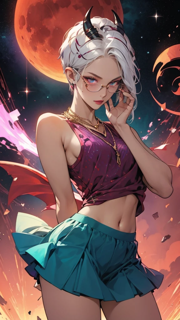 8k, masterpiece, best quality, highly detailed, 1 girl, tiefling, warlock, pixie cut, multicolored hair, very short straight hair red highlight hair on white hair, strippled hair, wearing glasses, round glasses, earrings, navel piercing, red eyeshadow, long eyelashes, blushed cheek, red lips, pearl necklace, rings, collarbone, mole on face, glamorous, teal and purple clothes, sleeveless, miniskirt, smirk, holding chain, close up view, rings, looking at viewer, demon horns, solo, milky way, starry sky, blood red moon, standing, chains on the background.