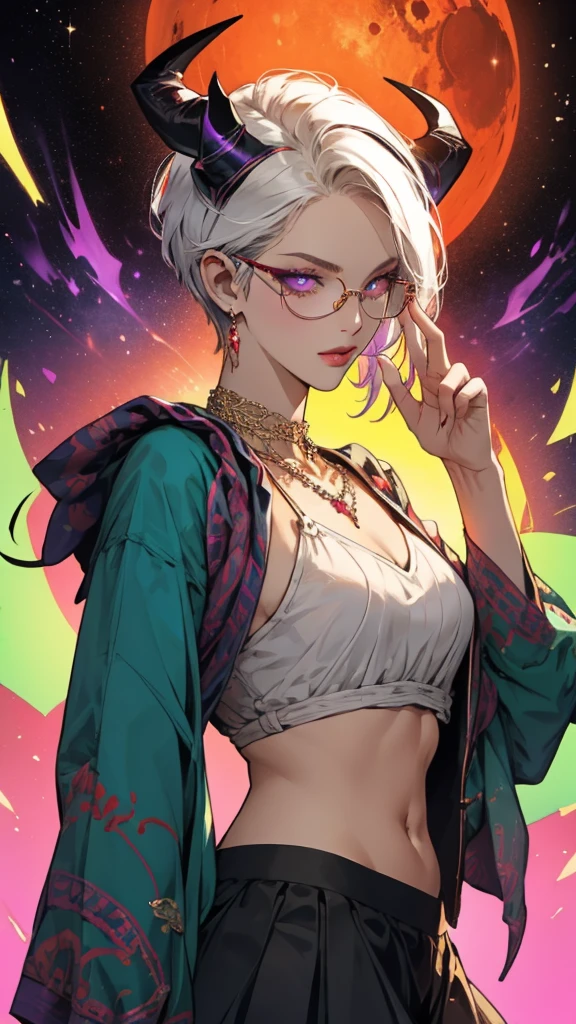 8k, masterpiece, best quality, highly detailed, 1 girl, tiefling, warlock, pixie cut, multicolored hair, very short straight hair red highlight hair on white hair, strippled hair, wearing glasses, round glasses, earrings, navel piercing, red eyeshadow, long eyelashes, blushed cheek, red lips, pearl necklace, rings, collarbone, mole on face, glamorous, teal and purple clothes, sleeveless, miniskirt, smirk, holding chain, close up view, rings, looking at viewer, demon horns, solo, milky way, starry sky, blood red moon, standing, chains on the background.