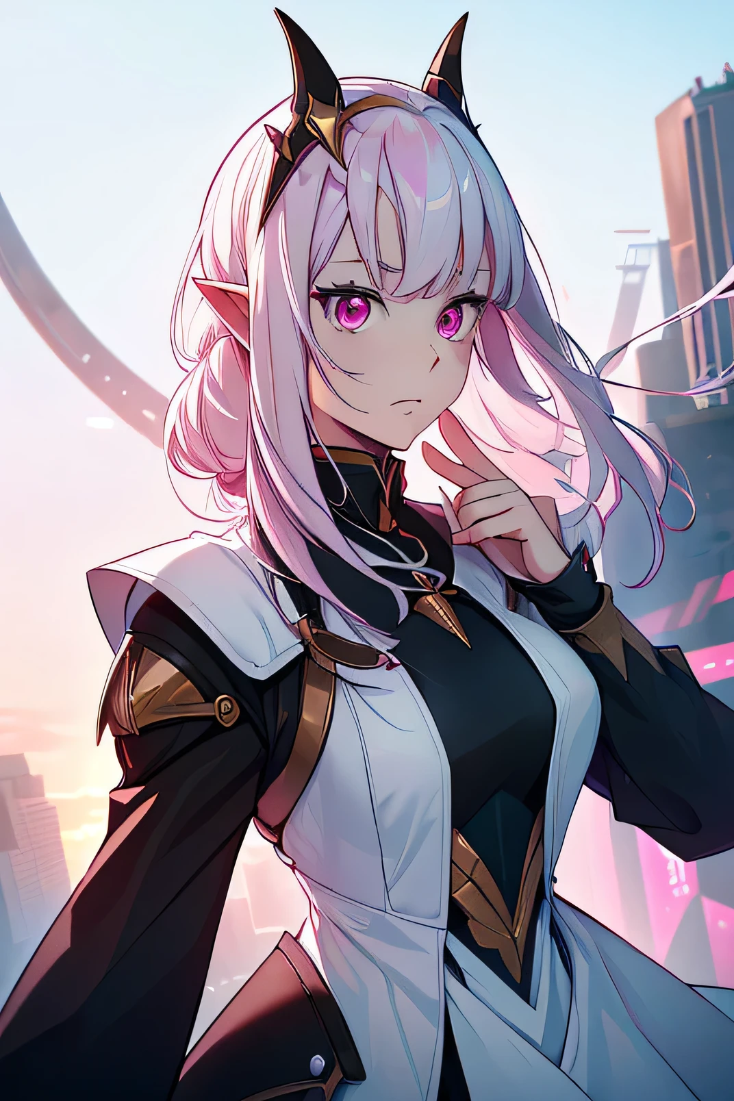 (work of art, best qualityer:1.2), standing alone, 1 girl, Elon-chan, presumptuous, looking ahead at viewer, x-arms, jaket, chemise, pink eyes, White hair、kawaii、tissue、Black futuristic combat uniform, elfo, pointy ears,