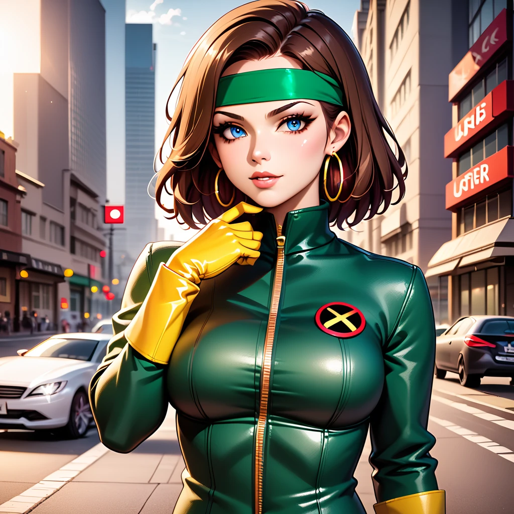 

"Create an AI-generated image of a young woman with striking blue eyes and long, wavy white and brown hair, resembling Rogue from X-Men. She is wearing a form-fitting yellow and green suit with a black X emblem on the chest and a brown leather jacket with a high collar. The suit has a glossy, latex-like texture, emphasizing her fit physique. She also has a green headband, gold hoop earrings, and yellow gloves. The background is an urban street scene with buildings and cars, capturing the feel of a bustling city environment. Enhance the image with high-definition details, artificial lights, and shadows. The overall style should be comic book-inspired, reflecting the high quality and vibrant aesthetics of the X-Men universe."

