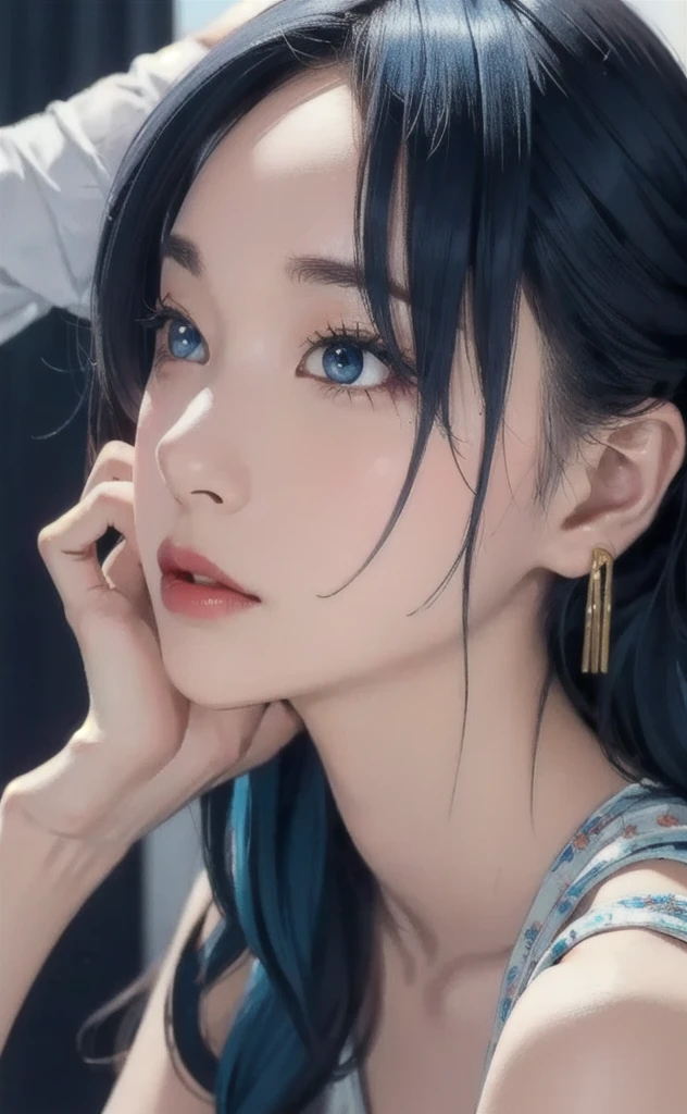 (masterpiece:1.4, Highest quality), (Intricate details), unity 8k wallpaper, Super detailed, beautifully、aesthetic, Perfect lighting, (One person), (Blue Hair, blue eye, Medium chest),, Dynamic pose, Dynamic Angle,  lipstick, slim, slim body, Medium chest, , Detailed Background, Realistic, alone, Face in perfect detail, detailed eye, Very detailed, blush, hair ornaments, rolling_eye, squint,