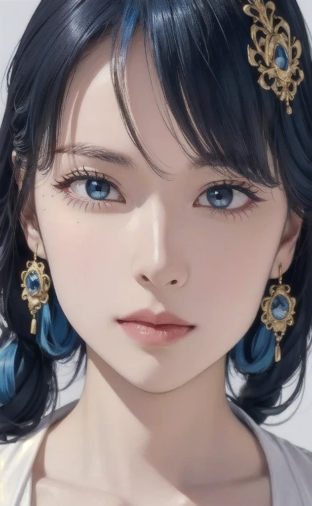 (masterpiece:1.4, Highest quality), (Intricate details), unity 8k wallpaper, Super detailed, beautifully、aesthetic, Perfect lighting, (One person), (Blue Hair, blue eye, Medium chest),, Dynamic pose, Dynamic Angle,  lipstick, slim, slim body, Medium chest, , Detailed Background, Realistic, alone, Face in perfect detail, detailed eye, Very detailed, blush, hair ornaments, rolling_eye, squint,