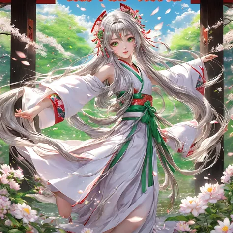 high definition、a pure and beautiful young girl in a shrine maiden's outfit、１５age～１８age、long silver hair, half green、full body p...