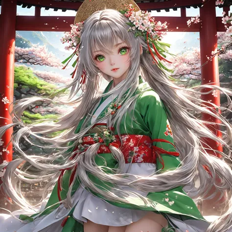 high definition、a pure and beautiful young girl in a shrine maiden's outfit、１５age～１８age、long silver hair, half green、full body p...