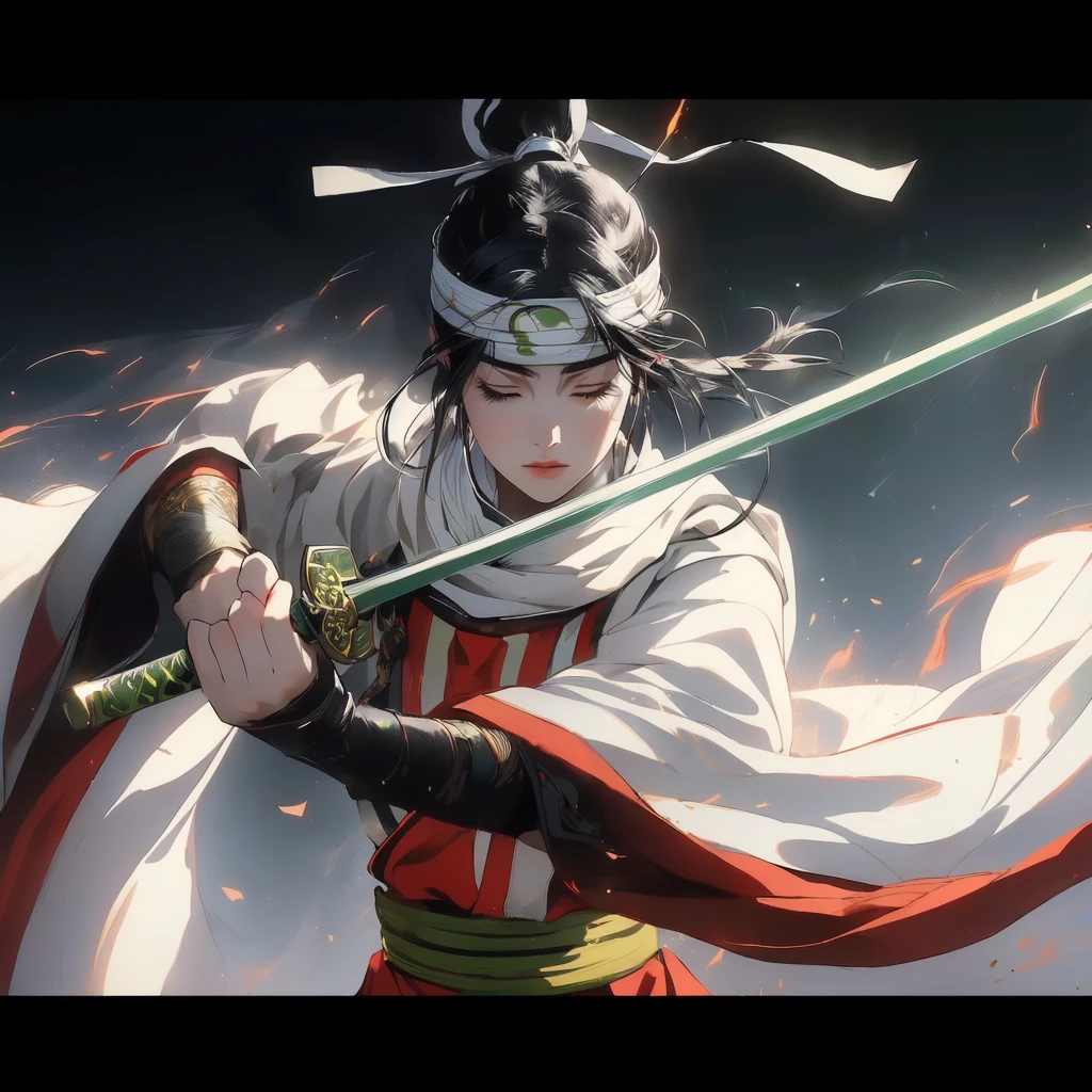 masterpiece, highest quality, 1 girl, closed eyes. Dynamic portrait of young Japanese warrior woman, facing right. Closed eyes, furrowed brows. Long black hair in high ponytail, loose strands framing face. White headband with green gem. Pale skin, pink cheeks and lips. White kosode, red hakama, green-yellow obi, dark arm wraps. Gripping katana diagonally, ornate green and gold hilt. Motion-filled pose, flowing clothing and hair. Dark, abstract background with no distinct objects or scenery. Hints of orange-red suggesting embers or energy, floating sparks. Dramatic lighting from upper left, creating rim light effect. Style blends traditional Japanese art with modern fantasy, emphasizing clean lines, movement, and power.
